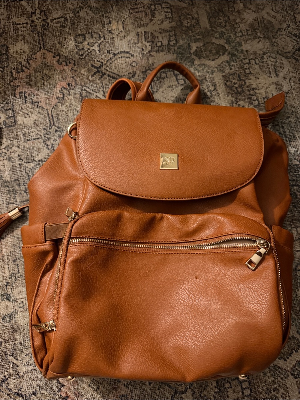 Women's Tan Faux Leather Backpack Purse with Gold Hardware